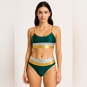 Emme Jordan Bikini Swimsuit High Waist Striped Green Gold Silver‎ Size S